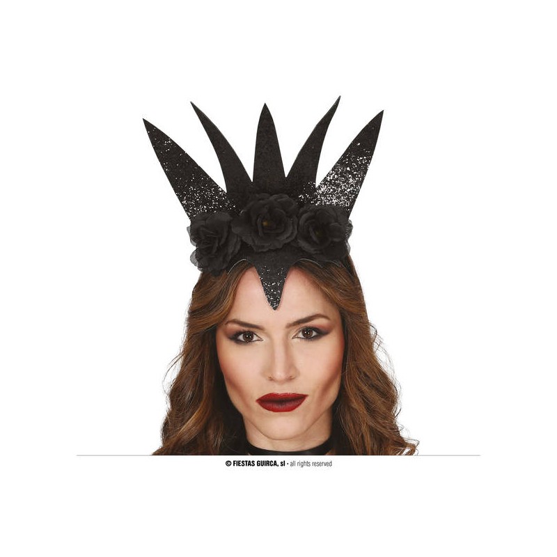 DIADEMA CORONA NERA REGINA CON FIORI