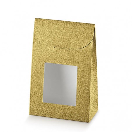 SCATOLA SACCHETTO PELLE ORO C/FINESTRA 9x4,5x13cm 10pz