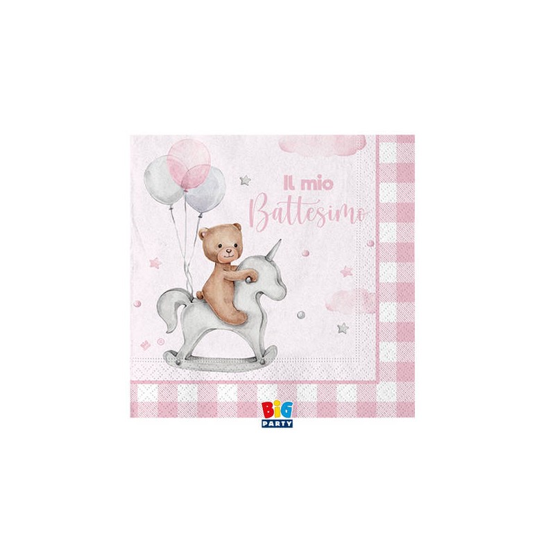 TOVAGLIOLI 25x25 BATTESIMO TEDDY BEAR ROSA 20pz