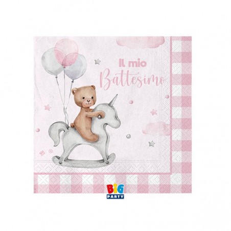 TOVAGLIOLI 25x25 BATTESIMO TEDDY BEAR ROSA 20pz