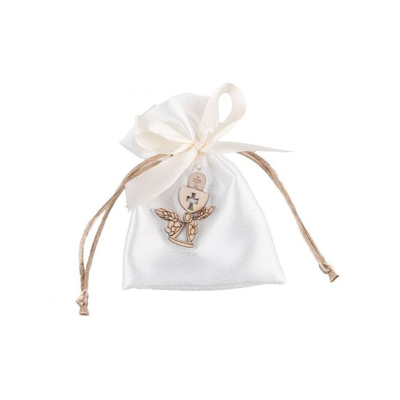 SACCHETTO C/CALICE COMUNIONE LEGNO H.11cm BIANCO 12pz