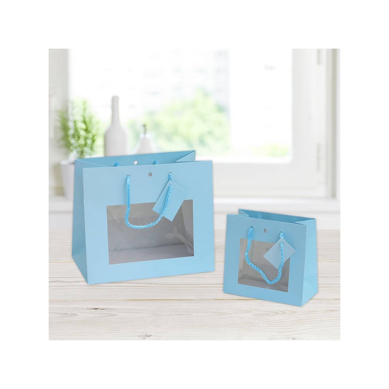 SHOPPER IN CARTA PLASTIFICATA OPACA C/FINESTRA 24x14x19,5cm CELESTE