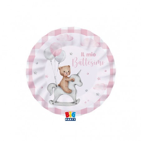 PIATTI BATTESIMO TEDDY BEAR ROSA ø20 8pz