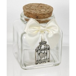 BARATTOLINO VETRO 5x5x6cm CON FIOCCO E GABBIETTA METALLO 1pz