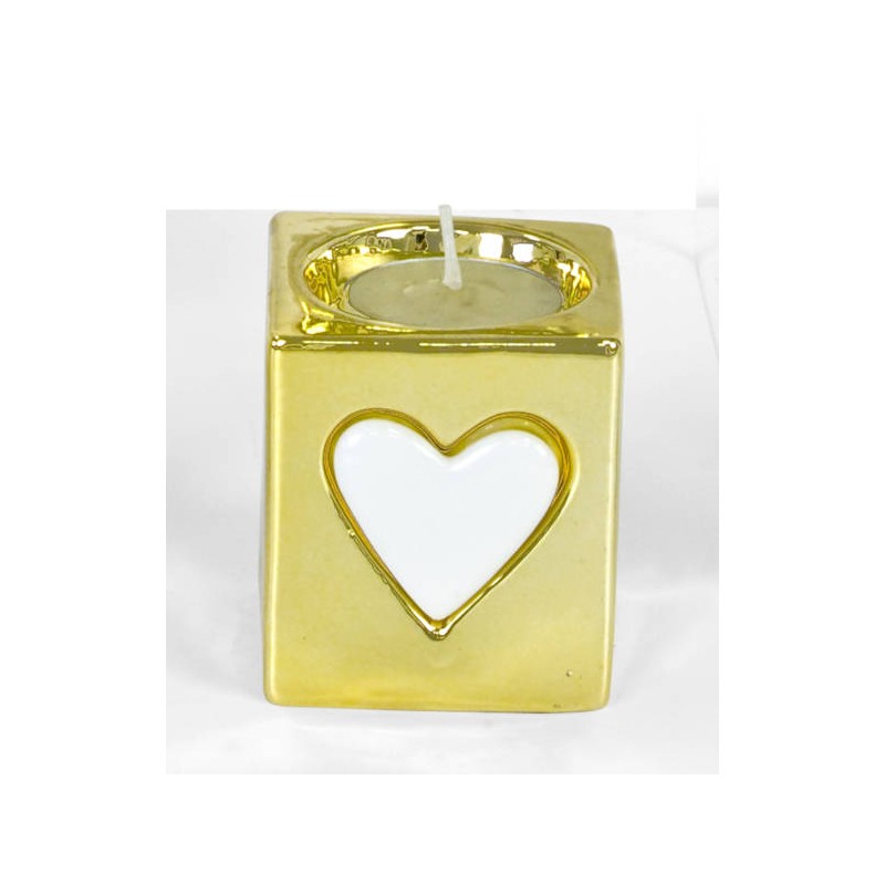 PORTACENDELA PORCELLANA ORO CON CUORE BIANCO 6x6x7cm