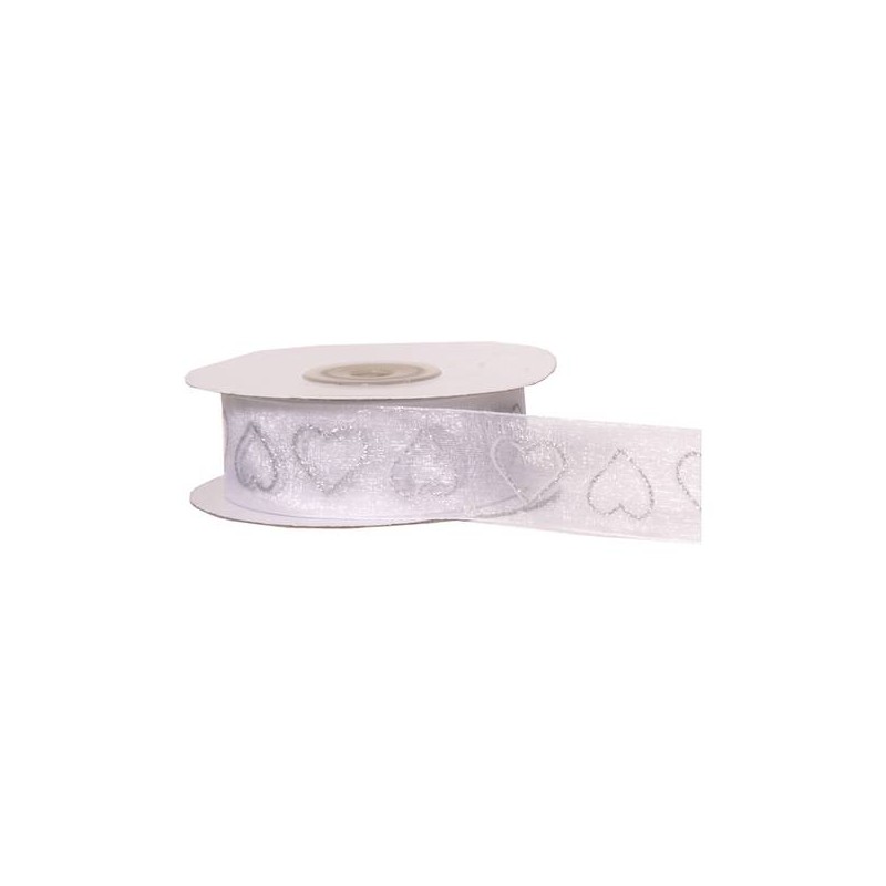 NASTRO ORGANZA C/GLITTER CUORI mm25x15mt COL.13 BIANCO-ARG