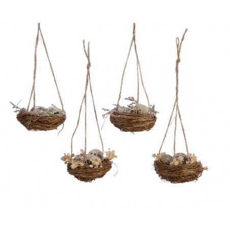 NIDO UCCELLINI RATTAN C/FIORI E UOVA SU FILO 8x8x4cm 2ass.ti 2pz