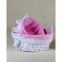 CESTO VIMINI BIANCO C/STOFFA ROSA CINIGLIA ø32x16cm 1/2