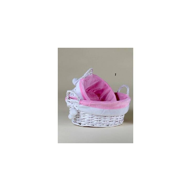 CESTO VIMINI BIANCO C/STOFFA ROSA CINIGLIA ø32x16cm 1/2