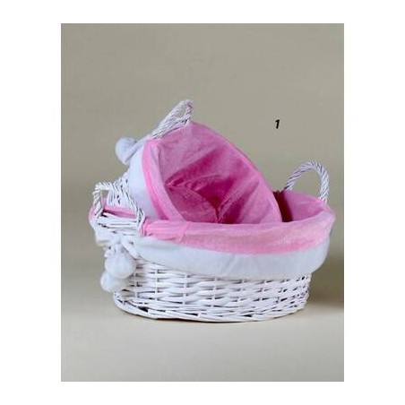 CESTO VIMINI BIANCO C/STOFFA ROSA CINIGLIA ø32x16cm 1/2