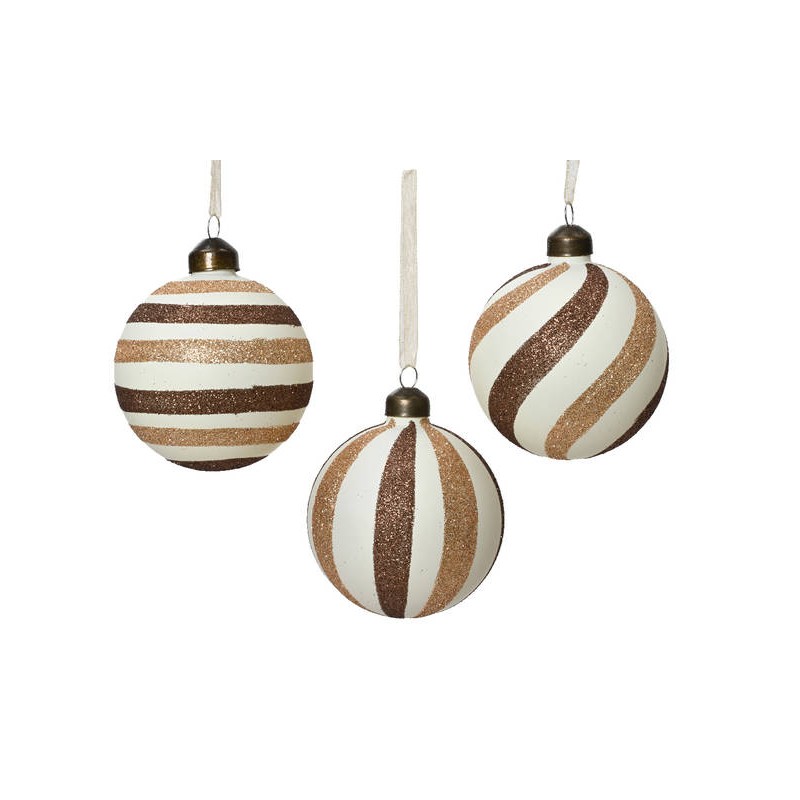 PALLINA Ø8cm GLASS WHITE BROWN GLITTER STRIPES 1pz