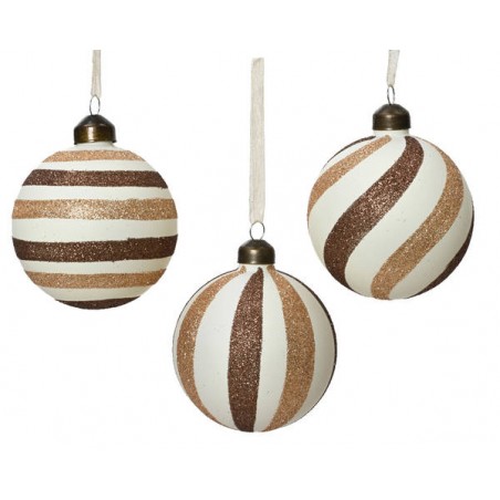 PALLINA Ø8cm GLASS WHITE BROWN GLITTER STRIPES 1pz