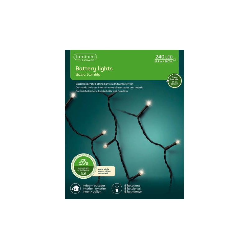 LED BASIC LIGHT 8 FUNZIONI TWINKLE 17,9mt - FILO NERO LUCE CALDA ESTERNO