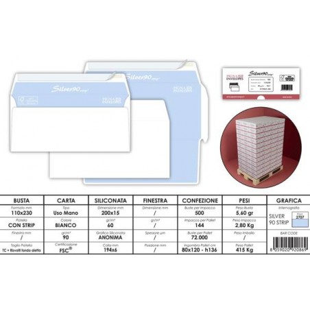 BUSTE LETTERA SILVER 90 STRIP 110x230mm 500pz