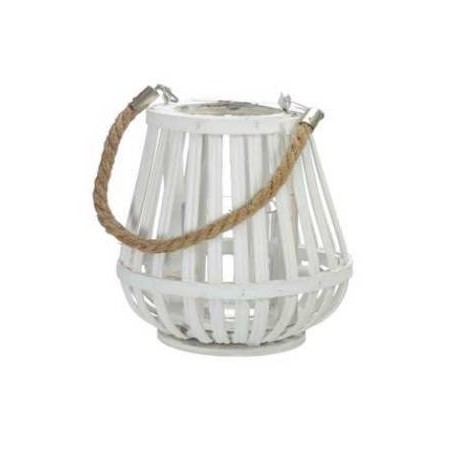 LANTERNA LEGNO WHITE Ø14x15cm CON MANICO IN CORDA
