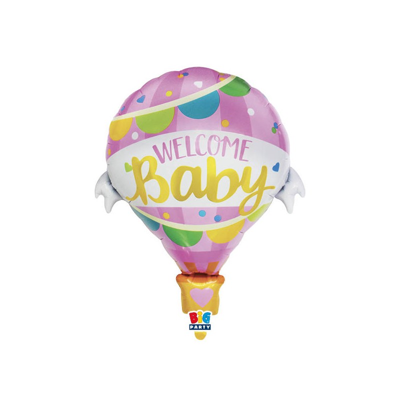 PALLONE MYLAR 64x78cm MONGOLFIERA WELCOME BABY ROSA