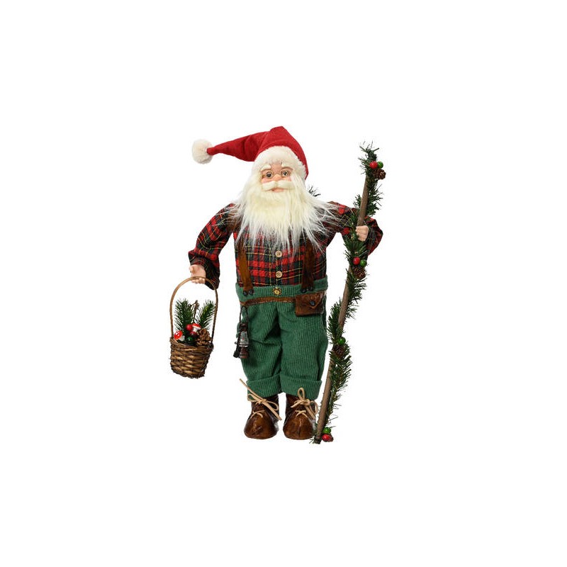 BABBO NATALE CAMICIA SCOZZESE ROSSO VERDE E CESTINO H60cm