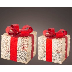GIFTBOX POLYESTER ORO ROSSO MICRO LED 20x20xh23cm LUCE CALDA 2pz