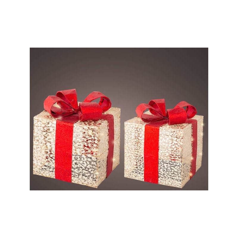 GIFTBOX POLYESTER ORO ROSSO MICRO LED 20x20xh23cm LUCE CALDA 2pz