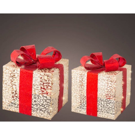 GIFTBOX POLYESTER ORO ROSSO MICRO LED 20x20xh23cm LUCE CALDA 2pz
