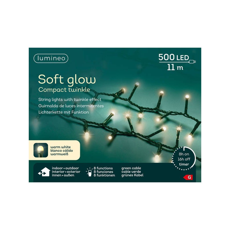 COMPACT SOFT GLOW 500 LUCI  11mt 8 FUNZIONI FILO VERDE INTERNO/ESTERNO BIANCO CALDO