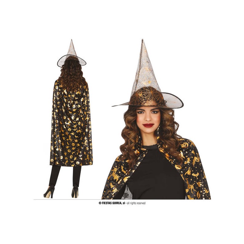 SET MANTELLO E CAPPELLO 110cm STREGA ADULTA DETTAGLI ORO