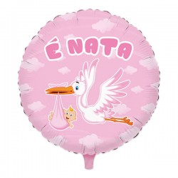 PALLONE MYLAR TONDO 45cm CICOGNA NUVOLA ROSA