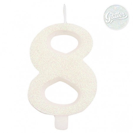 CANDELINA NUMERO 8 GLITTER BIANCA 9,5cm