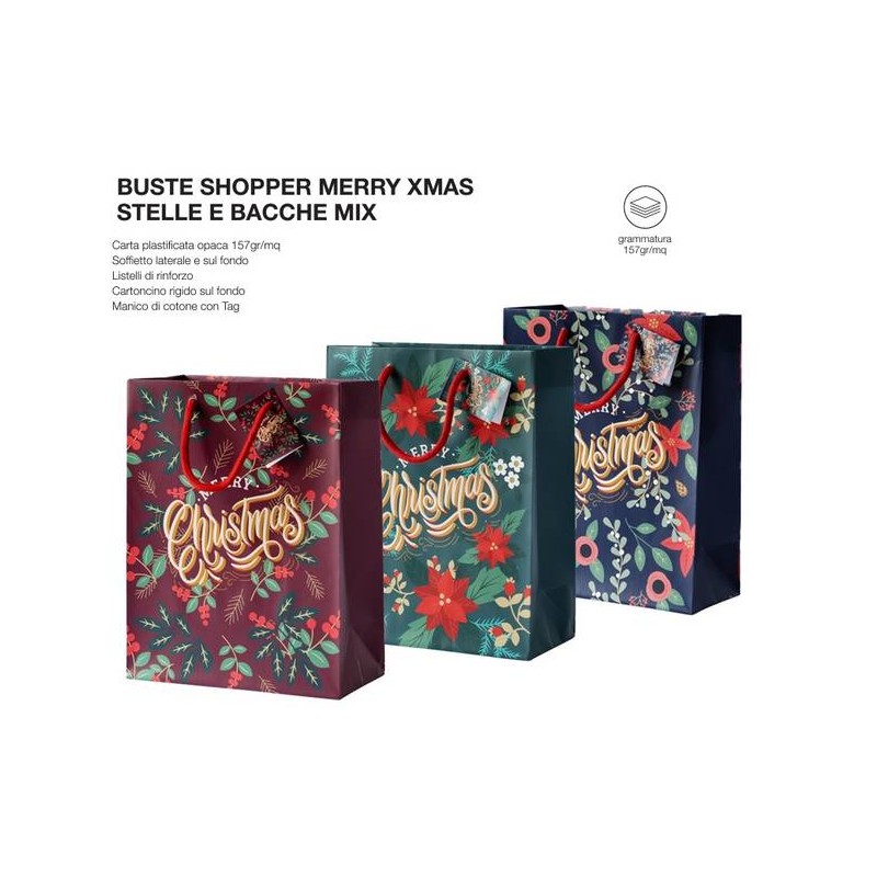 SHOPPER CARTA MERRY CHRISTMAS STELLE E BACCHE MIX 26+9x32cm