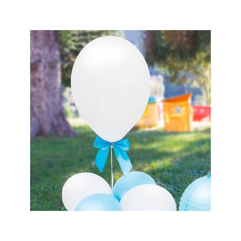 PALLONCINI BIANCO PERLA + FIOCCHI SATIN AZZURRO 4pz