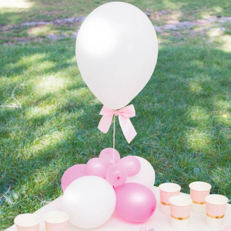 PALLONCINI BIANCO PERLA + FIOCCHI SATIN ROSA 4pz