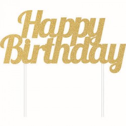 CAKE TOPPER GLITTER HAPPY BIRTHDAY 15x17cm GOLD