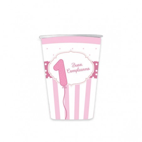 BICCHIERI 200cc BUON PRIMO COMPLEANNO ROSA 8pz