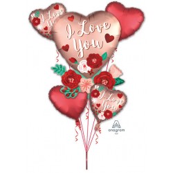 PALLONE MYLAR KIT CUORI FLOWERS I LOVE YOU SATIN  BOUQUET 5pz
