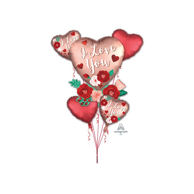 PALLONE MYLAR KIT CUORI FLOWERS I LOVE YOU SATIN  BOUQUET 5pz