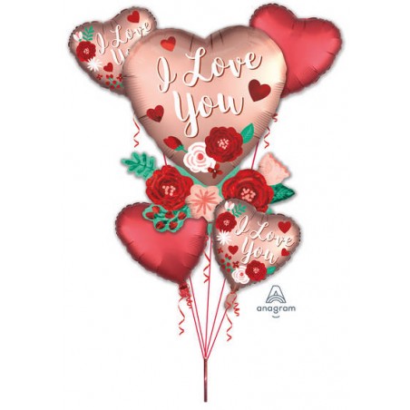 PALLONE MYLAR KIT CUORI FLOWERS I LOVE YOU SATIN  BOUQUET 5pz