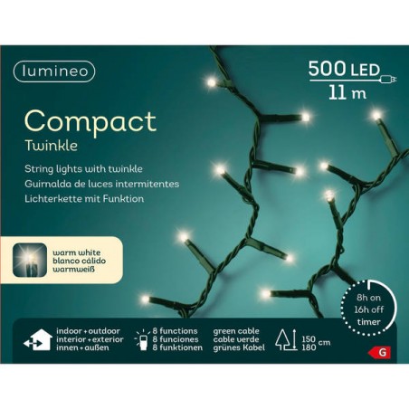 LED COMPACT 500 LUCI BIANCO CALDO 11mt INTERMITTENTI FILO VERDE INT/EST