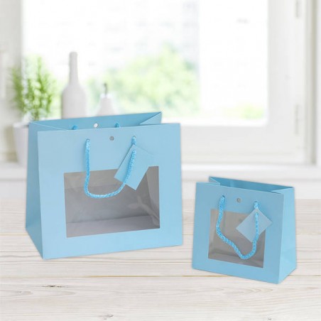 SHOPPER IN CARTA PLASTIFICATA OPACA C/FINESTRA 24x14x19,5cm CELESTE