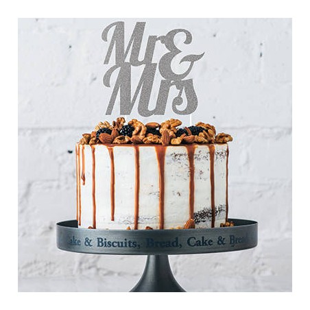 CAKE TOPPER GLITTER MR&MRS SILVER H24cm