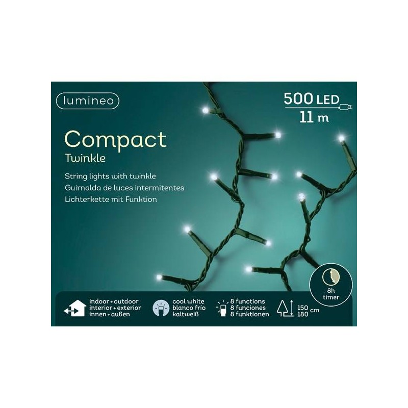 LED COMPACT 500 LUCI BIANCO FREDDO 11mt INTERMITTENTI FILO VERDE DA ESTERNO