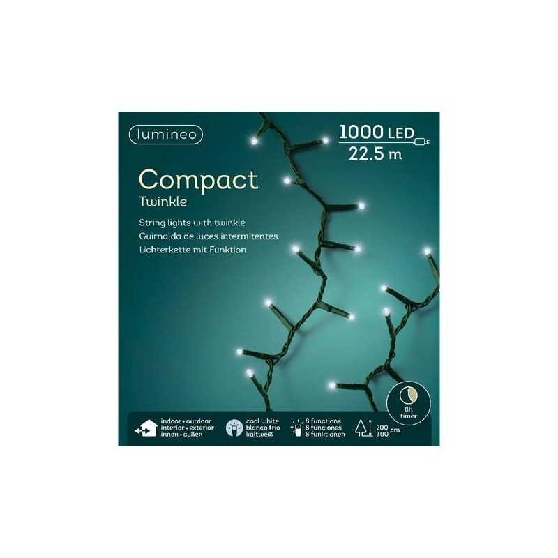 LED COMPACT 1000 LUCI BIANCO FREDDO 22,5mt INTERMITTENTI FILO VERDE DA ESTERNO