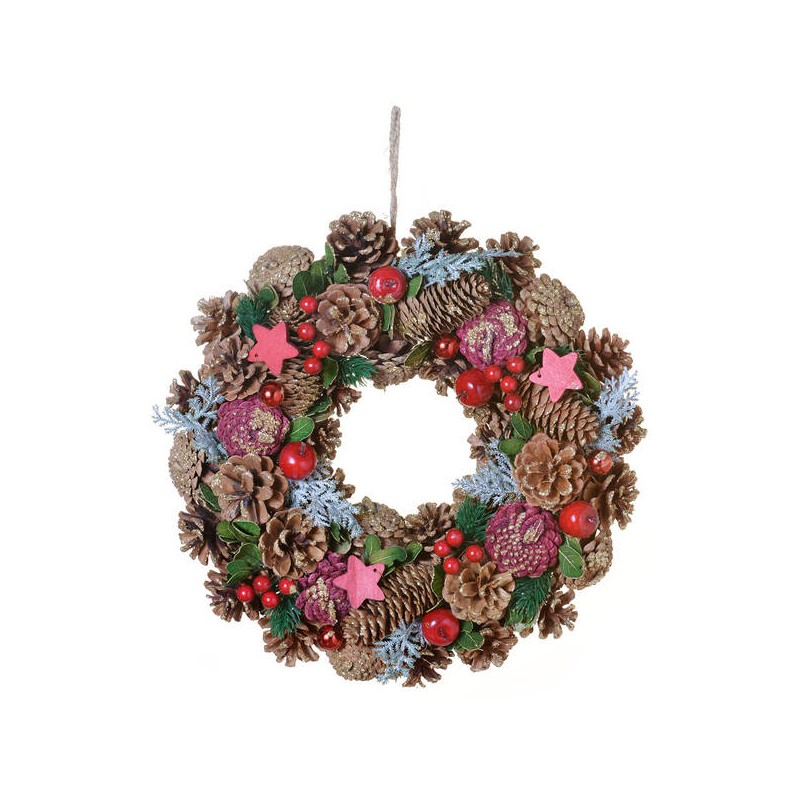 GHIRLANDA C/PIGNE E STELLE ROSSE ø35cm