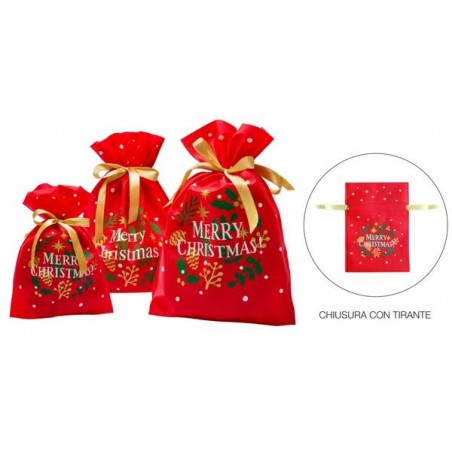 SACCHETTO TNT C/LACCIO STAMPA MERRY CHRISTMAS 30x45cm ROSSO 10pz