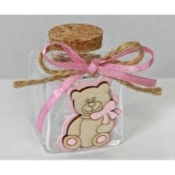 BARATTOLINO VETRO 4x4x5,5cm CON ORSETTO E FIOCCO ROSA