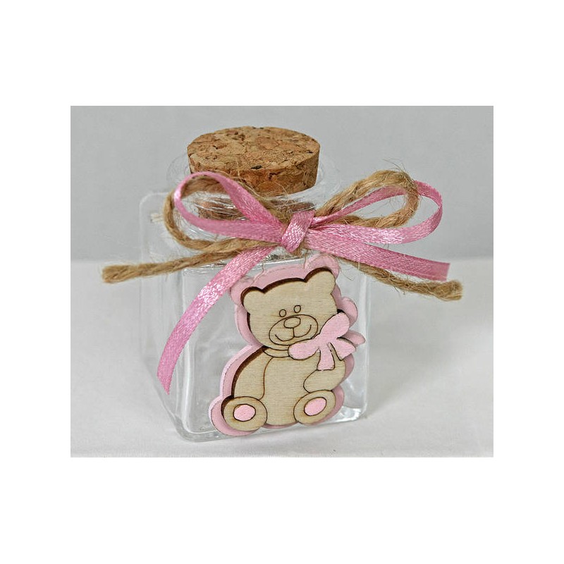 BARATTOLINO VETRO 4x4x5,5cm CON ORSETTO E FIOCCO ROSA