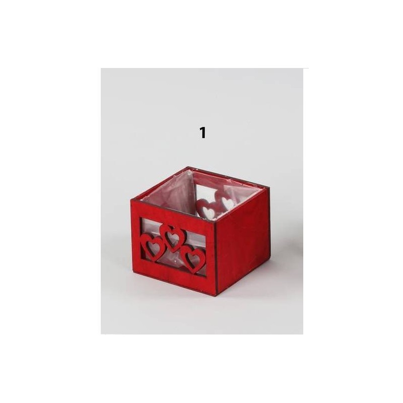 PORTA VASO LEGNO ROSSO E CUORI 14x14x12cm