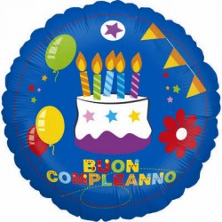 PALLONE MYLAR TONDO 18'' 45cm BUON COMPLEANNO TORTA BLU