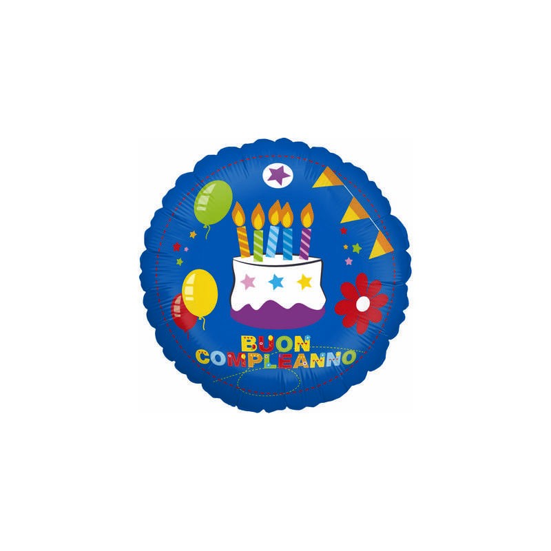 PALLONE MYLAR TONDO 18'' 45cm BUON COMPLEANNO TORTA BLU