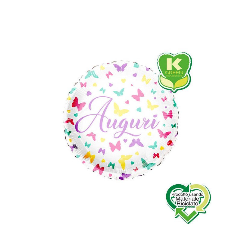 PALLONE MYLAR TONDO 18'' 45cm AUGURI FARFALLE ECO