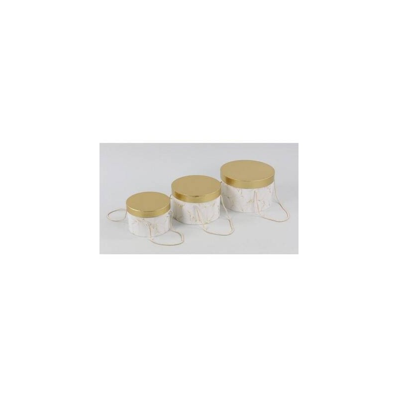 SCATOLA TONDA CON FIORI ORO-BIANCO ø23x15cm 1pz